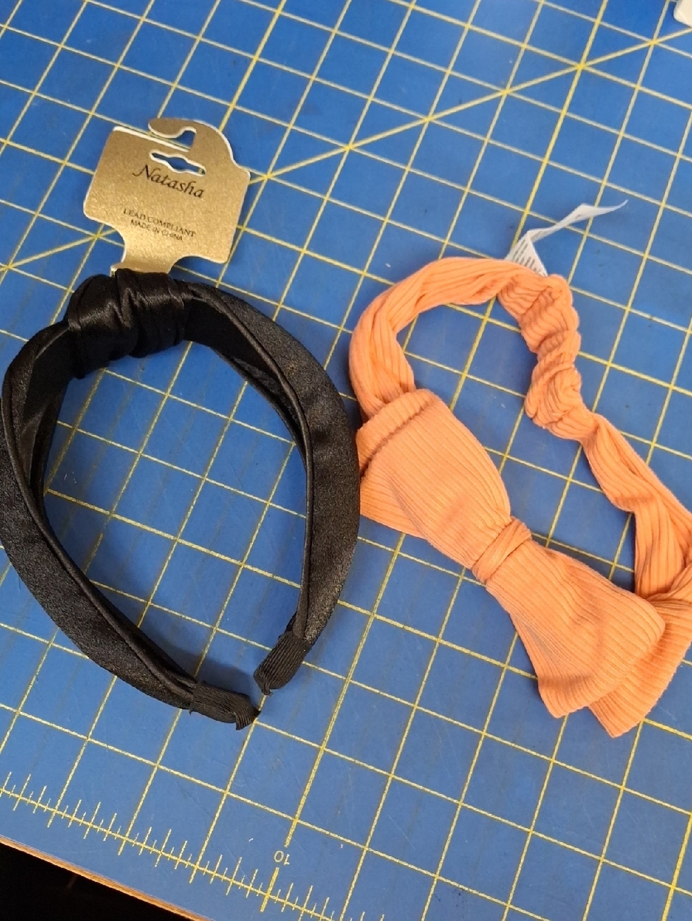 Black Satin Headband Peach Bow Fabric Headband New Set of 2